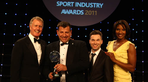 evertonMAIN Pictured at the awards are (left to right): Sir Geoff Hurst, Steve Johnson and Stephen Raynor (Everton in the Community) and Olympic gold medallist Denise Lewis.