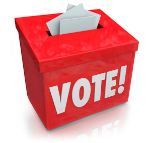 The word Vote on a red ballot box for collecting votes and ballo
