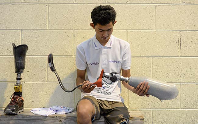 4 October 2014; 16 year old Pawan Sitthisung, from Navan, Co. Meath, pictured at the first ever running blades workshop held in Ireland hosted by Paralympics Ireland in partnership with sponsors Mondelez, and blade manufacturer Ottobock. The unique event saw eight individuals who had been prefitted for the technology given the opportunity to experience and showcase the blades with almost a fifty additional prosthesis users and amputees taking part in activity session to promote Paralympic sport. Morton Stadium, Santry, Dublin. Picture credit: Barry Cregg / SPORTSFILE *** NO REPRODUCTION FEE ***